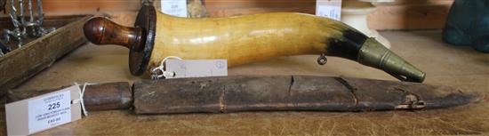 Cow horn powder flask, brass-mounted with treen screw-in stopper &  a kukri knife in leather sheath (a.f.)